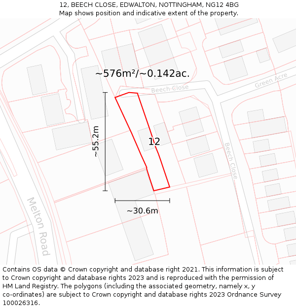 12, BEECH CLOSE, EDWALTON, NOTTINGHAM, NG12 4BG: Plot and title map