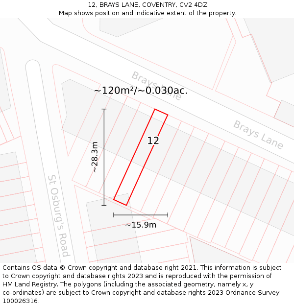12, BRAYS LANE, COVENTRY, CV2 4DZ: Plot and title map