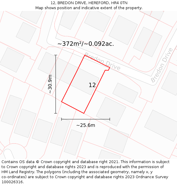 12, BREDON DRIVE, HEREFORD, HR4 0TN: Plot and title map