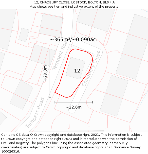 12, CHADBURY CLOSE, LOSTOCK, BOLTON, BL6 4JA: Plot and title map