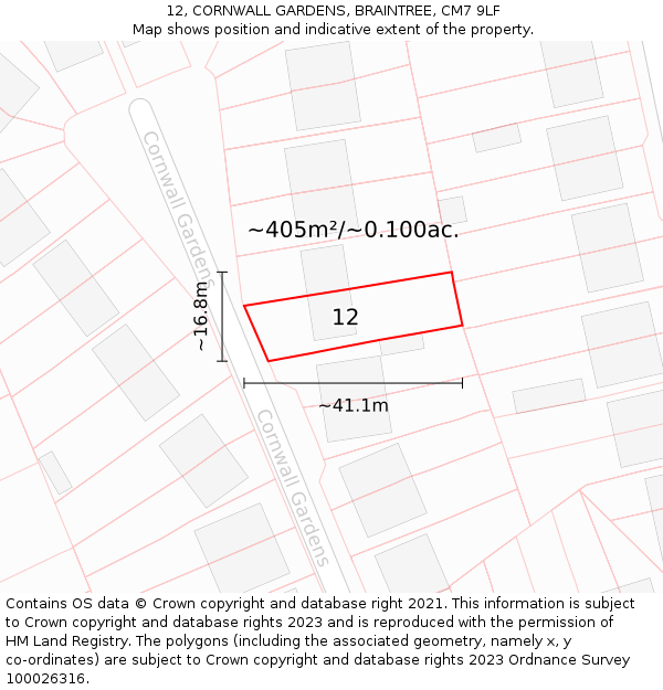 12, CORNWALL GARDENS, BRAINTREE, CM7 9LF: Plot and title map