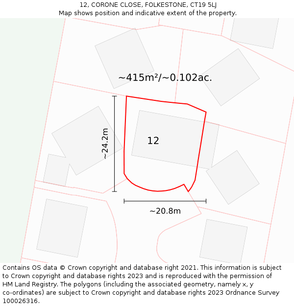 12, CORONE CLOSE, FOLKESTONE, CT19 5LJ: Plot and title map