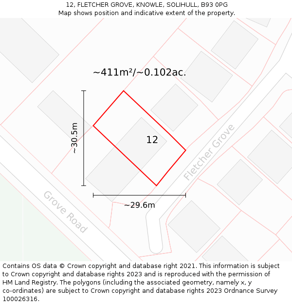 12, FLETCHER GROVE, KNOWLE, SOLIHULL, B93 0PG: Plot and title map