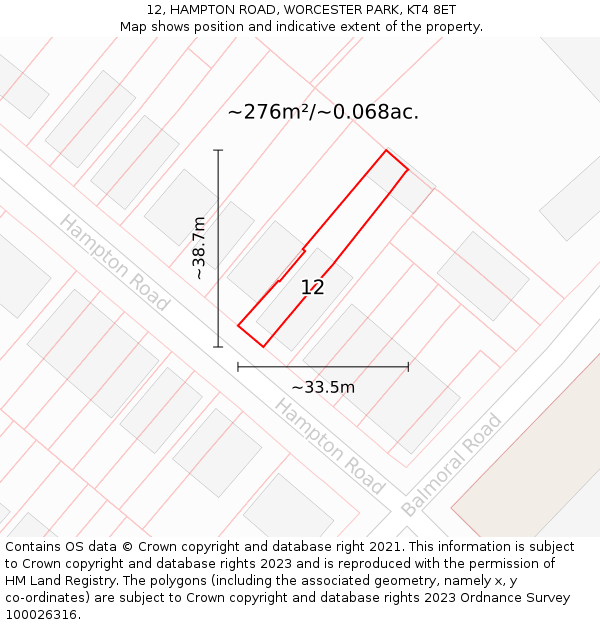 12, HAMPTON ROAD, WORCESTER PARK, KT4 8ET: Plot and title map