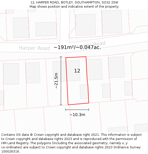 12, HARPER ROAD, BOTLEY, SOUTHAMPTON, SO32 2SW: Plot and title map