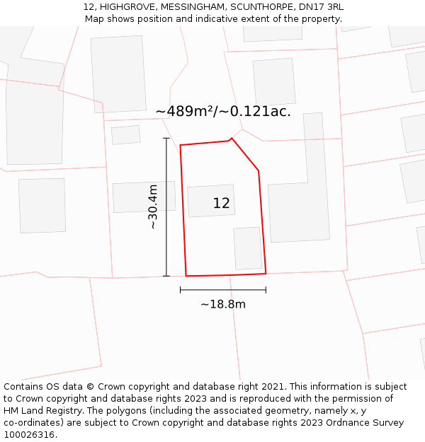 12, HIGHGROVE, MESSINGHAM, SCUNTHORPE, DN17 3RL: Plot and title map