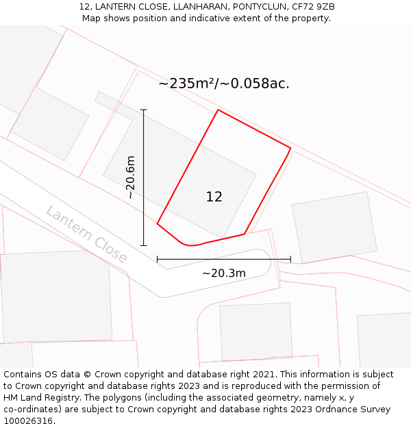 12, LANTERN CLOSE, LLANHARAN, PONTYCLUN, CF72 9ZB: Plot and title map