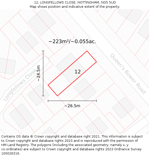 12, LONGFELLOWS CLOSE, NOTTINGHAM, NG5 5UD: Plot and title map
