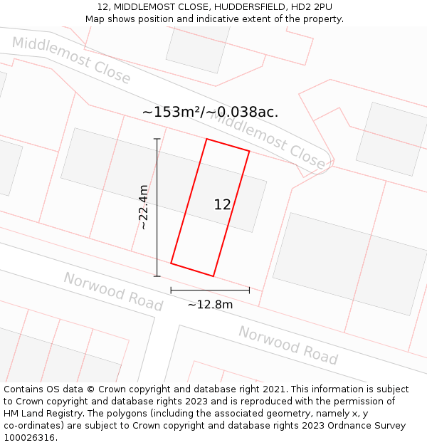 12, MIDDLEMOST CLOSE, HUDDERSFIELD, HD2 2PU: Plot and title map