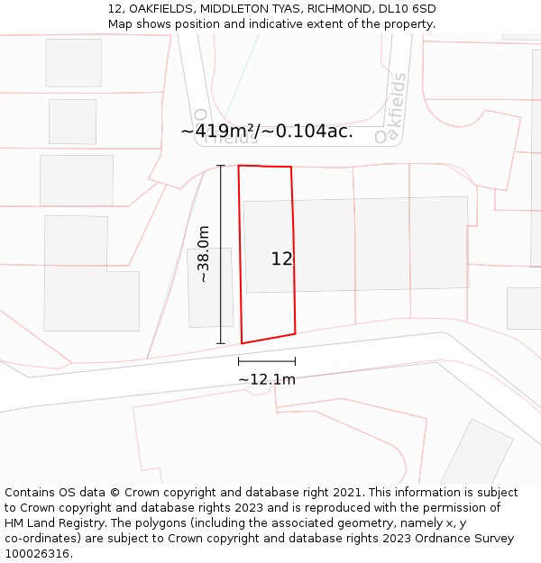 12, OAKFIELDS, MIDDLETON TYAS, RICHMOND, DL10 6SD: Plot and title map
