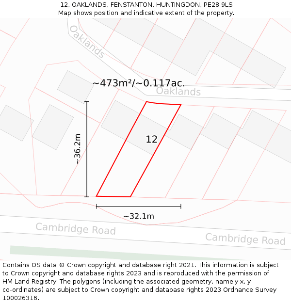 12, OAKLANDS, FENSTANTON, HUNTINGDON, PE28 9LS: Plot and title map