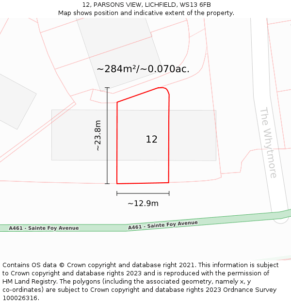 12, PARSONS VIEW, LICHFIELD, WS13 6FB: Plot and title map