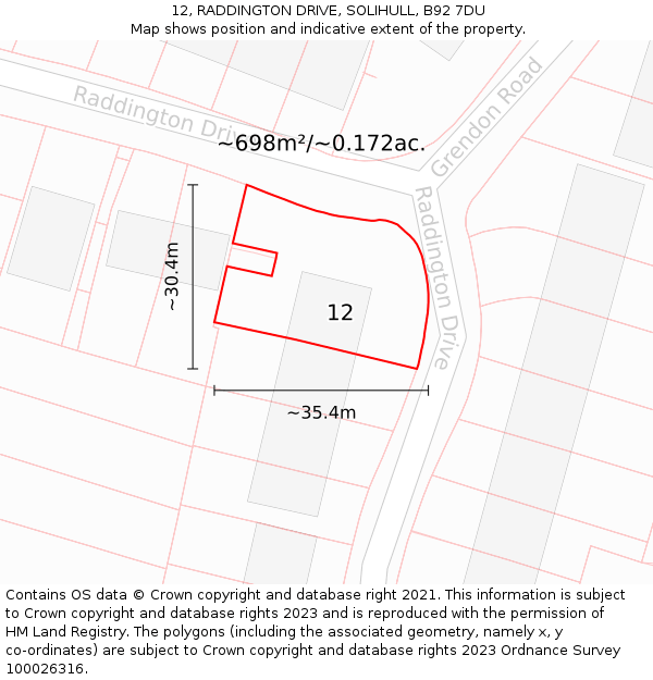 12, RADDINGTON DRIVE, SOLIHULL, B92 7DU: Plot and title map