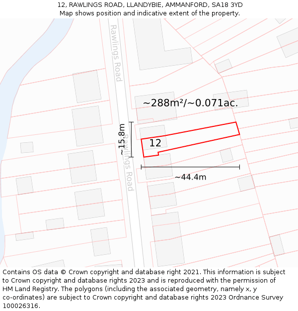 12, RAWLINGS ROAD, LLANDYBIE, AMMANFORD, SA18 3YD: Plot and title map