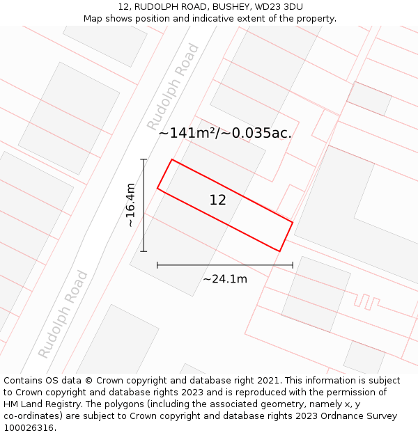 12, RUDOLPH ROAD, BUSHEY, WD23 3DU: Plot and title map