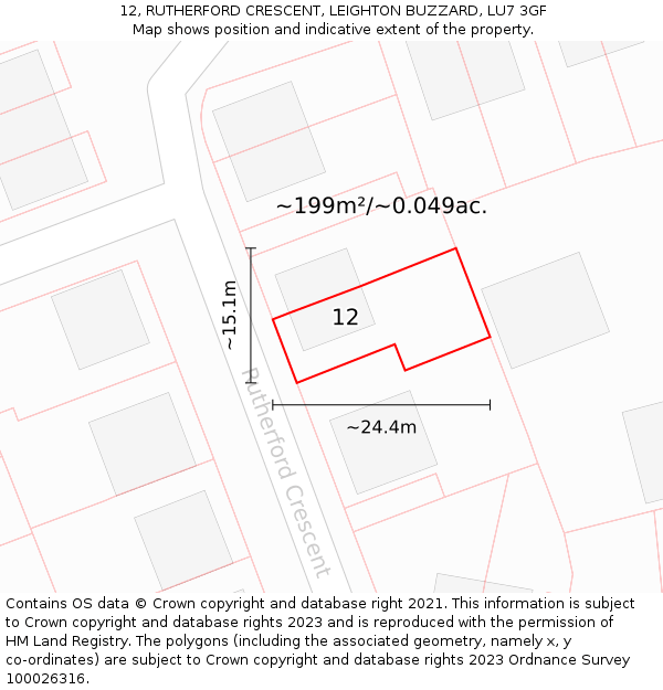 12, RUTHERFORD CRESCENT, LEIGHTON BUZZARD, LU7 3GF: Plot and title map