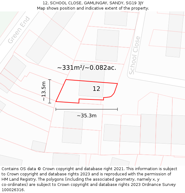 12, SCHOOL CLOSE, GAMLINGAY, SANDY, SG19 3JY: Plot and title map