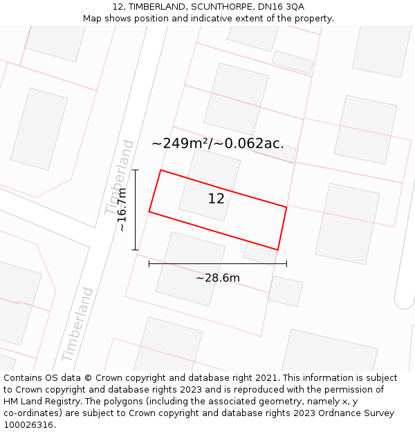 12, TIMBERLAND, SCUNTHORPE, DN16 3QA: Plot and title map