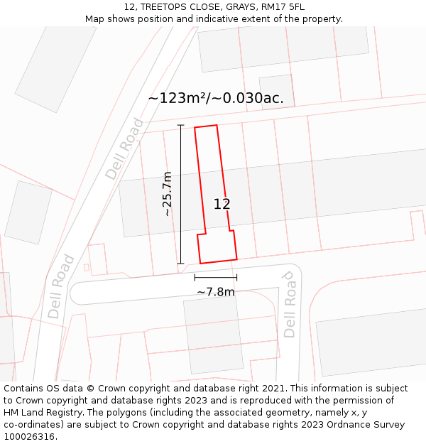 12, TREETOPS CLOSE, GRAYS, RM17 5FL: Plot and title map