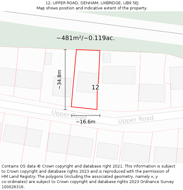 12, UPPER ROAD, DENHAM, UXBRIDGE, UB9 5EJ: Plot and title map