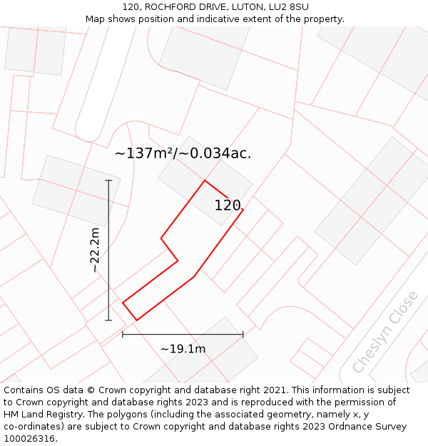 120, ROCHFORD DRIVE, LUTON, LU2 8SU: Plot and title map