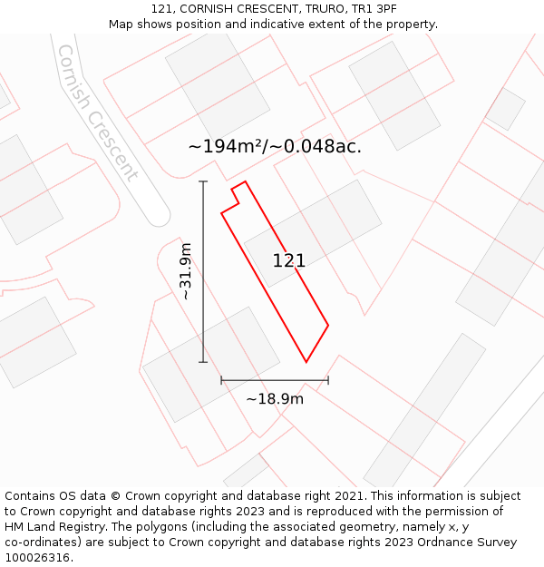 121, CORNISH CRESCENT, TRURO, TR1 3PF: Plot and title map
