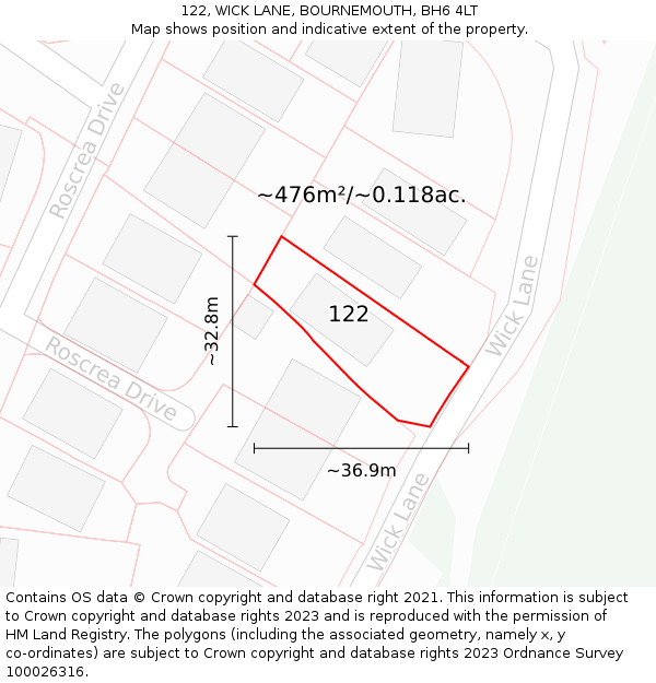 122, WICK LANE, BOURNEMOUTH, BH6 4LT: Plot and title map