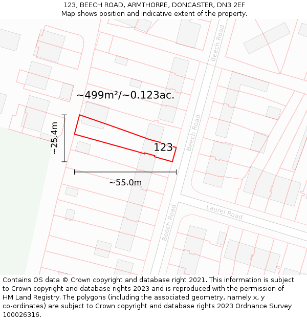 123, BEECH ROAD, ARMTHORPE, DONCASTER, DN3 2EF: Plot and title map