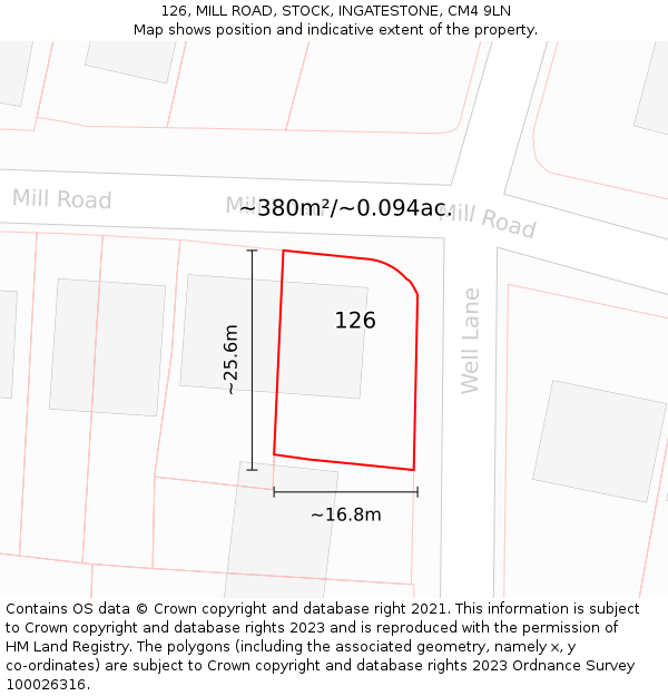 126, MILL ROAD, STOCK, INGATESTONE, CM4 9LN: Plot and title map