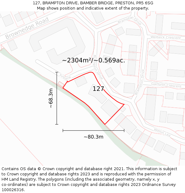 127, BRAMPTON DRIVE, BAMBER BRIDGE, PRESTON, PR5 6SG: Plot and title map