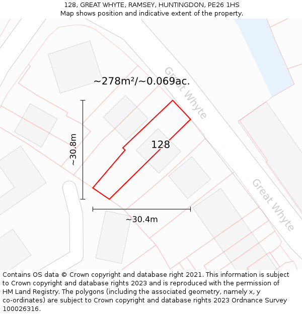 128, GREAT WHYTE, RAMSEY, HUNTINGDON, PE26 1HS: Plot and title map
