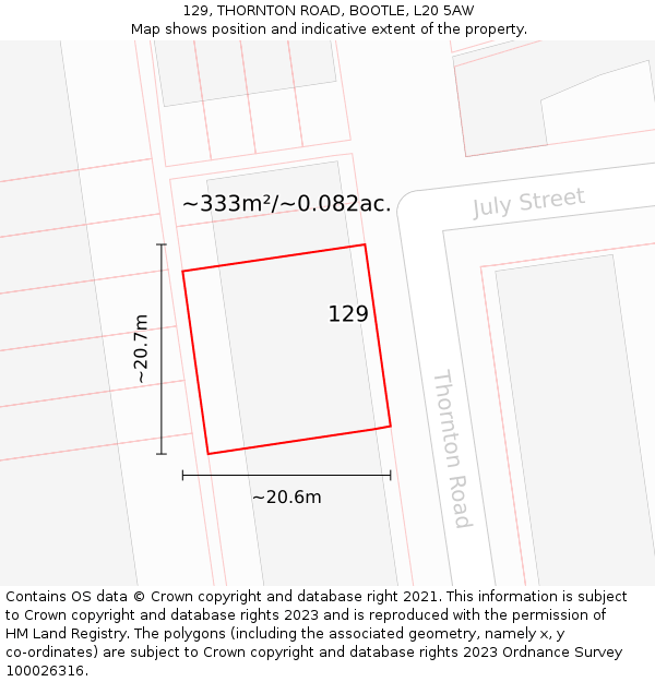 129, THORNTON ROAD, BOOTLE, L20 5AW: Plot and title map