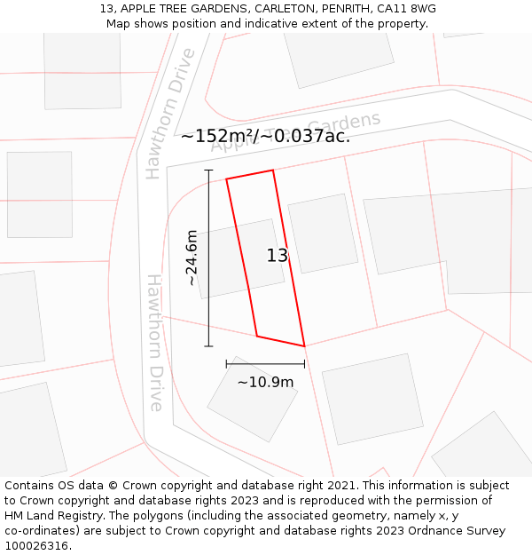 13, APPLE TREE GARDENS, CARLETON, PENRITH, CA11 8WG: Plot and title map