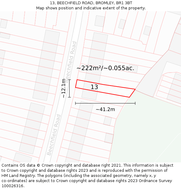 13, BEECHFIELD ROAD, BROMLEY, BR1 3BT: Plot and title map