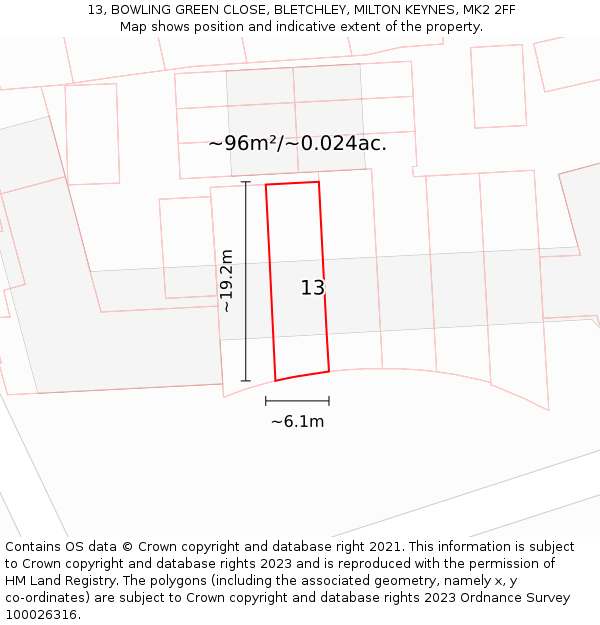 13, BOWLING GREEN CLOSE, BLETCHLEY, MILTON KEYNES, MK2 2FF: Plot and title map