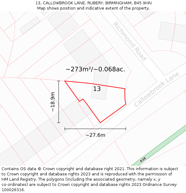 13, CALLOWBROOK LANE, RUBERY, BIRMINGHAM, B45 9HN: Plot and title map