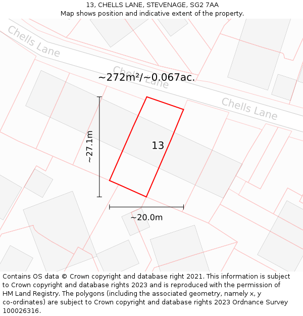 13, CHELLS LANE, STEVENAGE, SG2 7AA: Plot and title map