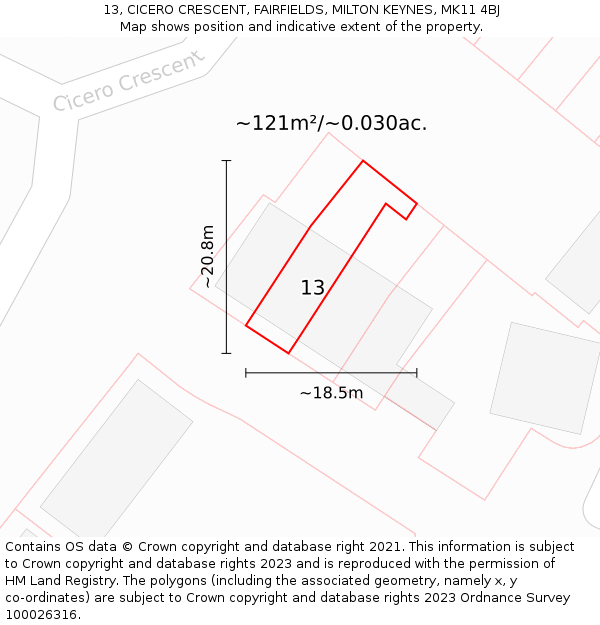 13, CICERO CRESCENT, FAIRFIELDS, MILTON KEYNES, MK11 4BJ: Plot and title map