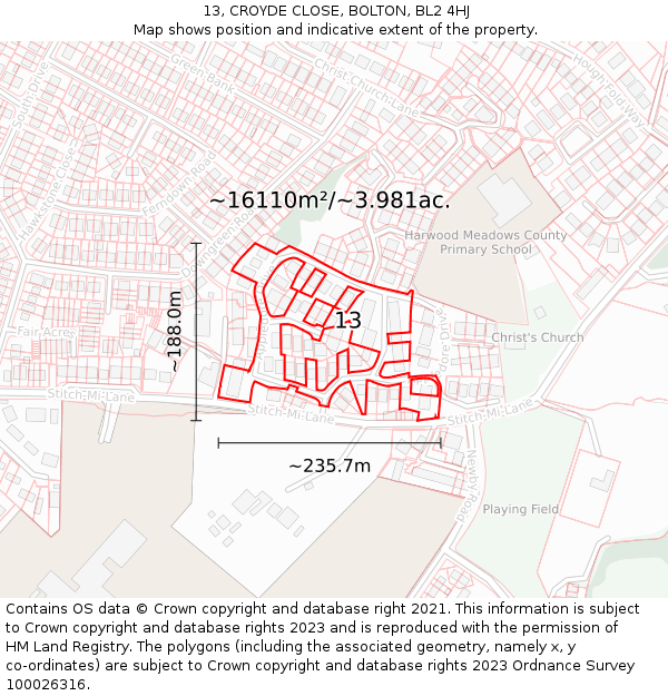 13, CROYDE CLOSE, BOLTON, BL2 4HJ: Plot and title map
