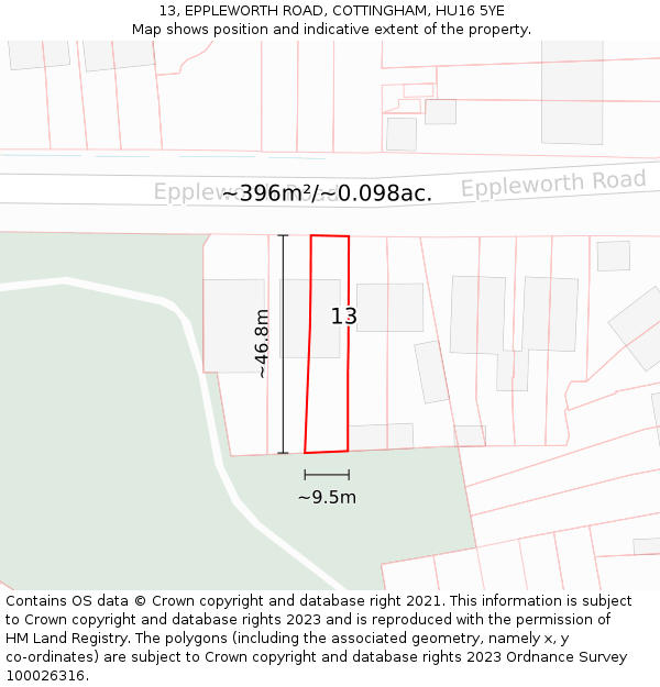 13, EPPLEWORTH ROAD, COTTINGHAM, HU16 5YE: Plot and title map