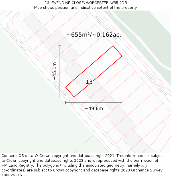 13, EVENDINE CLOSE, WORCESTER, WR5 2DB: Plot and title map