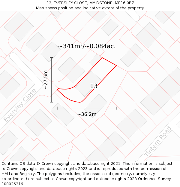 13, EVERSLEY CLOSE, MAIDSTONE, ME16 0RZ: Plot and title map