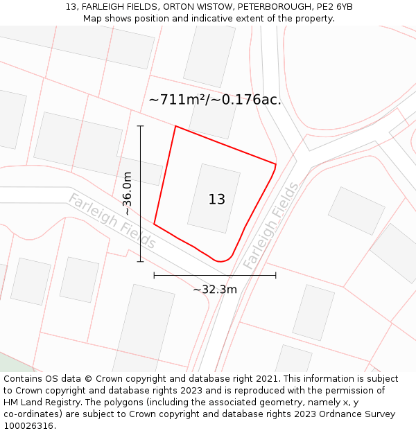 13, FARLEIGH FIELDS, ORTON WISTOW, PETERBOROUGH, PE2 6YB: Plot and title map