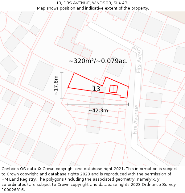 13, FIRS AVENUE, WINDSOR, SL4 4BL: Plot and title map