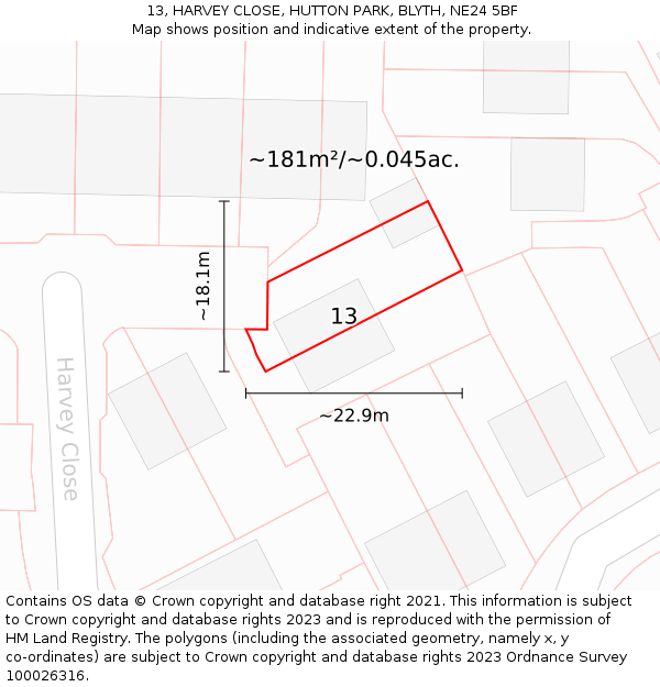 13, HARVEY CLOSE, HUTTON PARK, BLYTH, NE24 5BF: Plot and title map