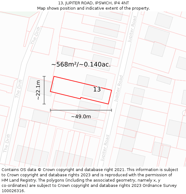 13, JUPITER ROAD, IPSWICH, IP4 4NT: Plot and title map