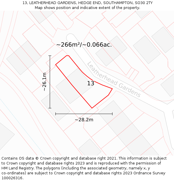 13, LEATHERHEAD GARDENS, HEDGE END, SOUTHAMPTON, SO30 2TY: Plot and title map