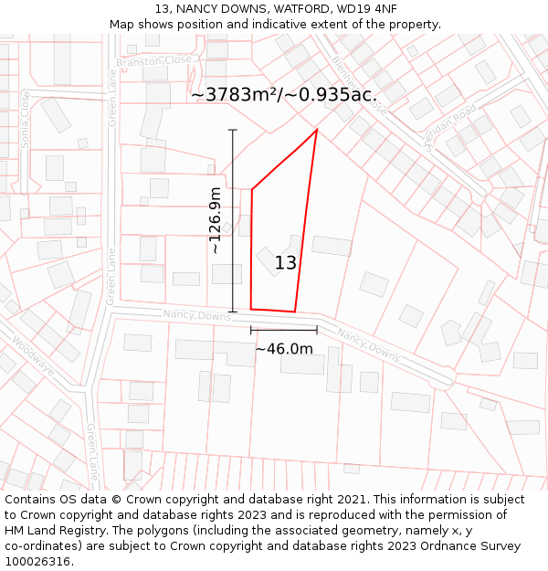 13, NANCY DOWNS, WATFORD, WD19 4NF: Plot and title map