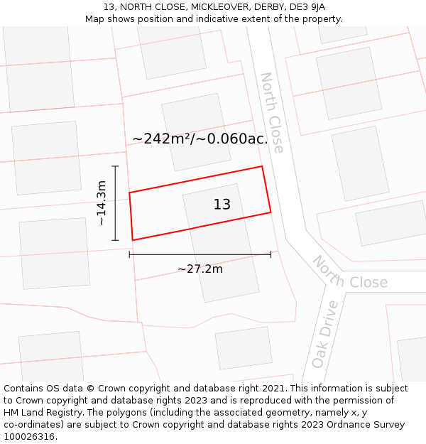 13, NORTH CLOSE, MICKLEOVER, DERBY, DE3 9JA: Plot and title map