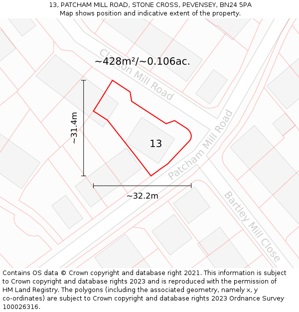 13, PATCHAM MILL ROAD, STONE CROSS, PEVENSEY, BN24 5PA: Plot and title map